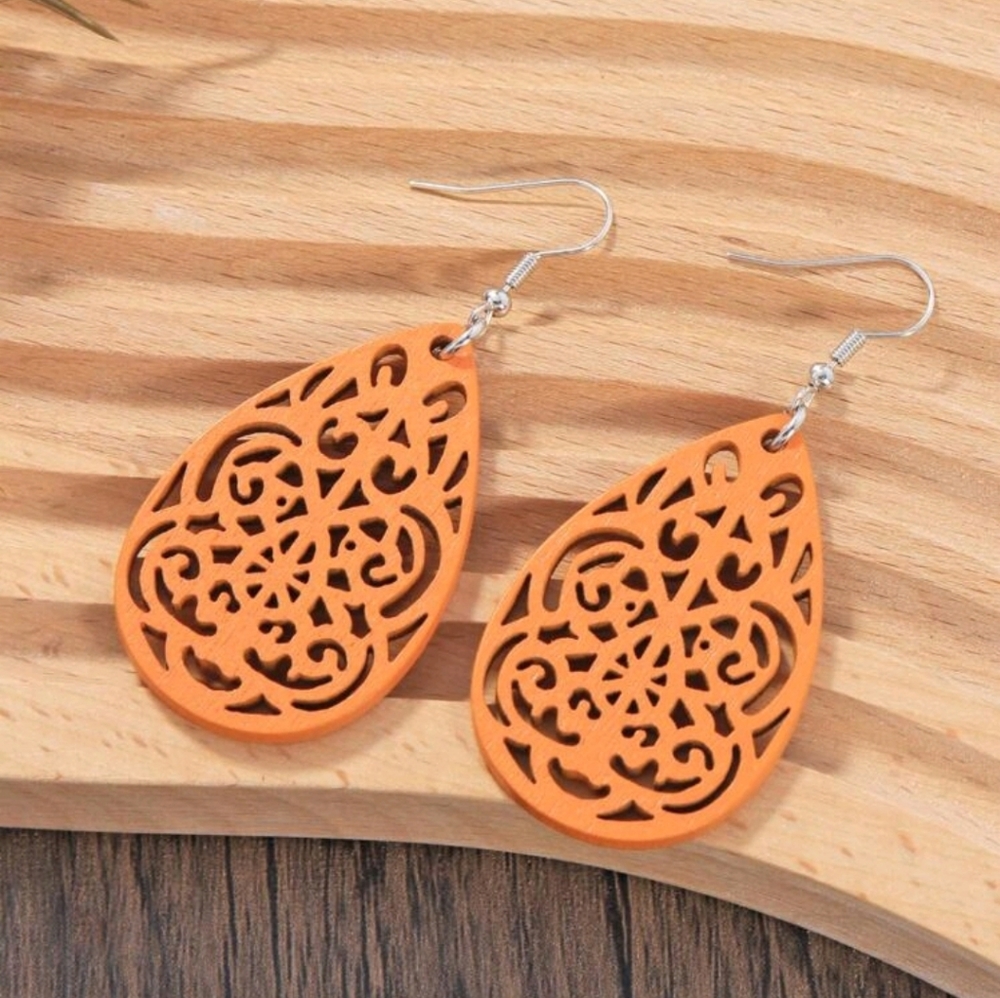 Tangerine colored wooden lattice earrings